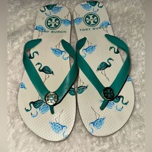 Tory Burch Teal Flamingo Flip Flops